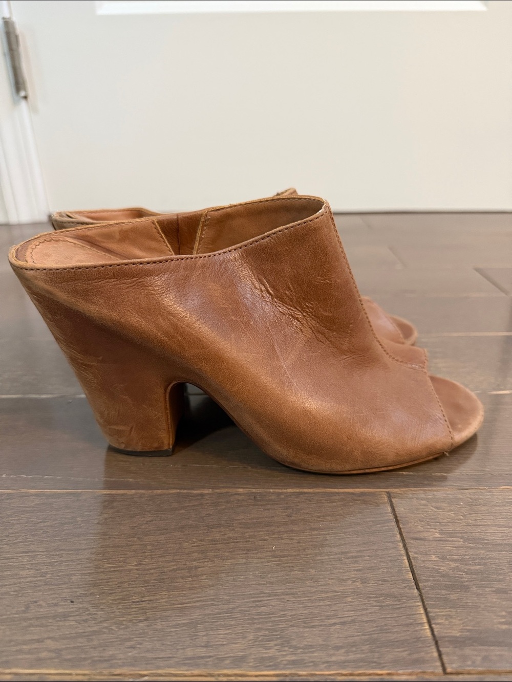 Nicole Tan Brown Leather Open-Toe Mule Heels
